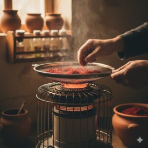 خشک کردن زعفران روی بخاری
