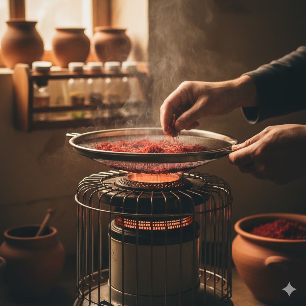 خشک کردن زعفران روی بخاری